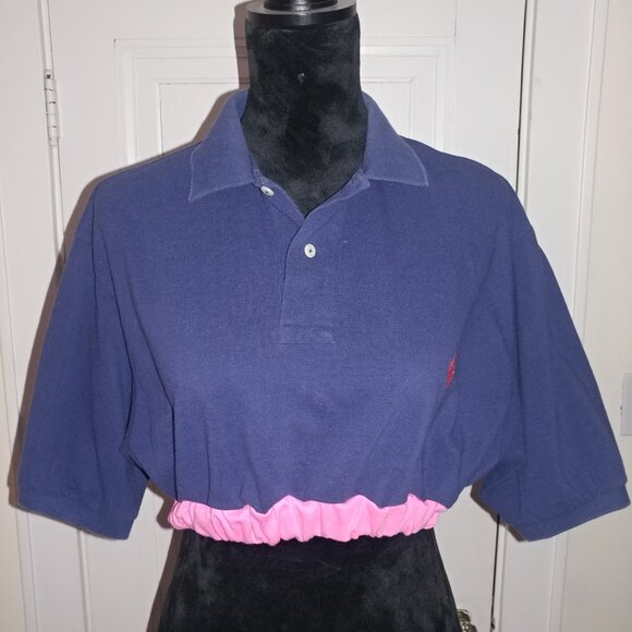 Polo Ralph Lauren: Re-Worked Navy Short Sleeve Cropped Polo Shirt - Size Large - Picture 3 of 6